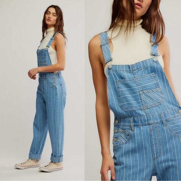 Free People Ziggy Striped Overalls Beachcomber Railroad Bohemian Coastal Medium - Picture 3 of 13